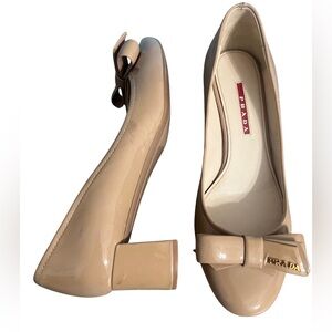 Prada Nude Patent Leather Block Heel Pumps with Bow